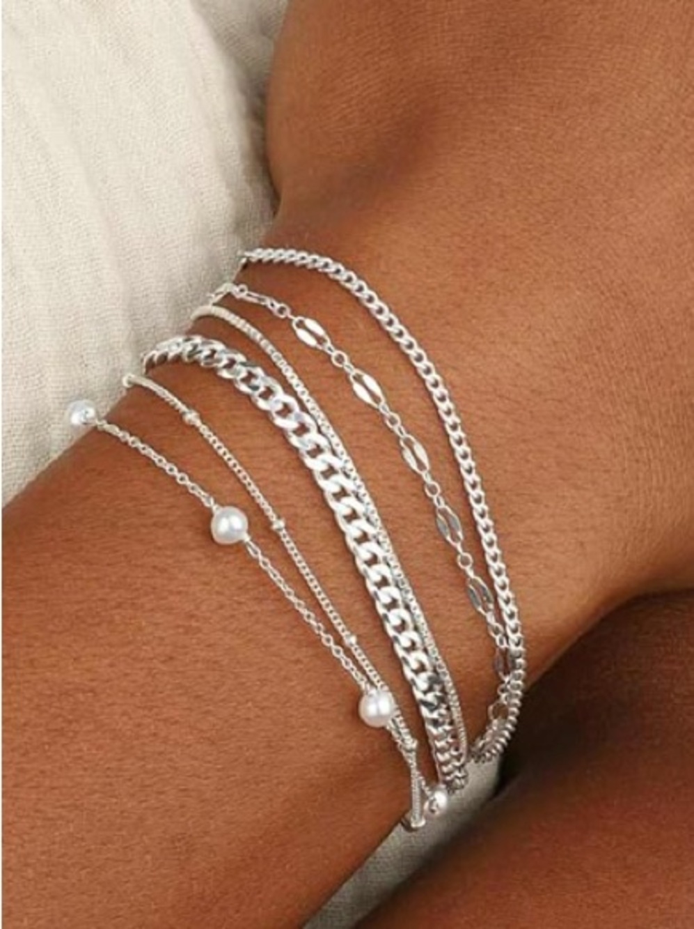 Sterling Silver Plated Layered Bracelet with Bead Accents